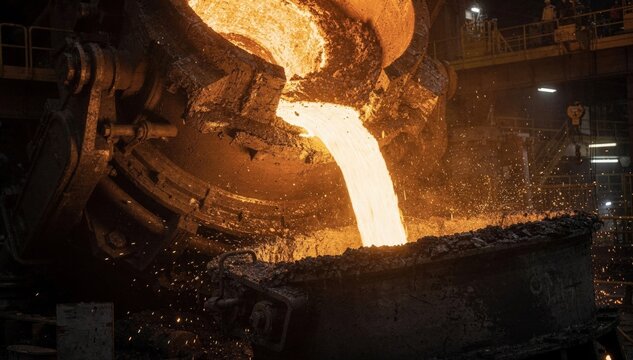 Slag removal process during molten steel tapping capturing slag separation in crisp detail with blurred furnace and ladle edges to highlight molten flow.