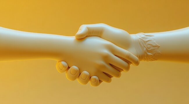 two stylized yellow hands clasped in a firm handshake with a textured cuff detail in a warm monochrome 3d render conveying trust and cooperation