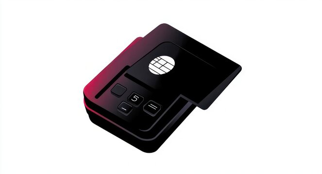 black payment terminal with chip card inserted and numeric keypad on white background conveying secure efficient checkout