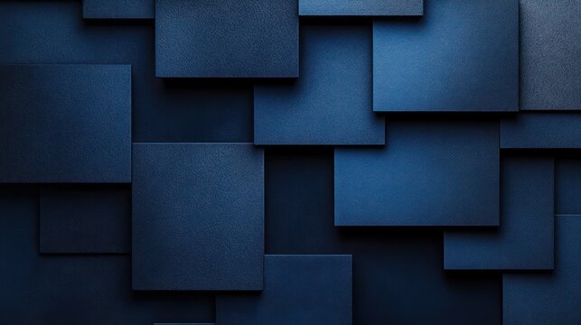 Overlapping textured navy blue rectangular panels with soft shadows, layered geometric composition conveying calm depth and modern minimalism