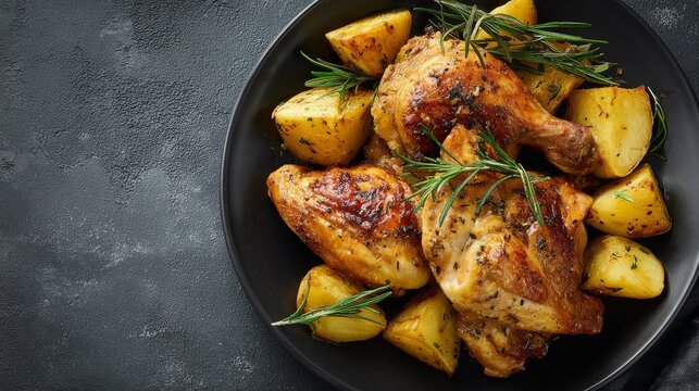 78.Flat lay food photography of roasted chicken pieces with potatoes, dark plate contrast, grey background, hearty home style meal