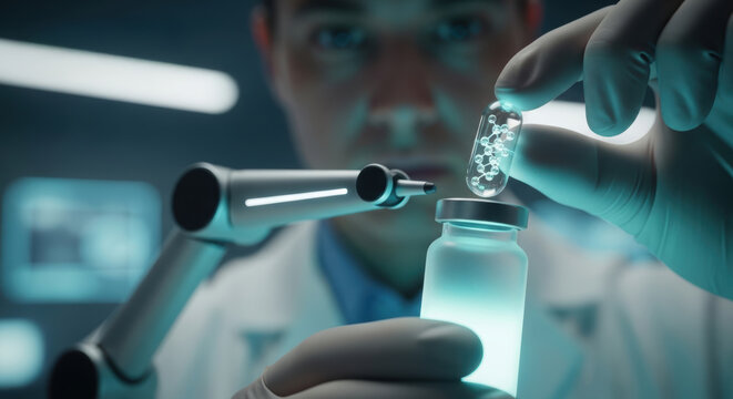 Personalized medicine laboratory vial capsule scientist pipette research capsule vial glowing futuristic lab