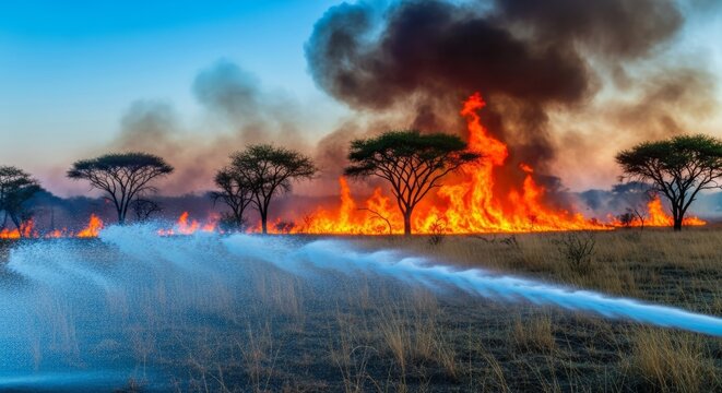 Cinematic view of protective gear and water spray halting a wildfire in a wildlife sanctuary, safeguarding a vital natural savanna habitat, habitat, ecology, horizon