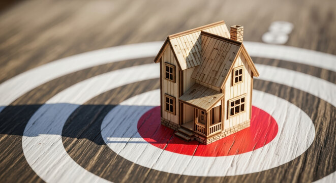 Wooden house model property evaluation concept on target board symbolizing real estate investment and goal achievement