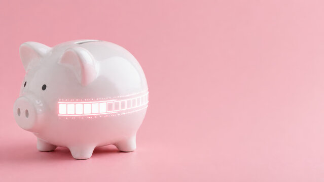 White piggy bank on pink background with glowing progress bar symbolizing savings plan for financial growth and future security