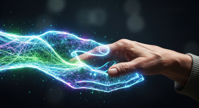 Human hand touching glowing digital hand with ai technology concept for eldercare innovation and connection