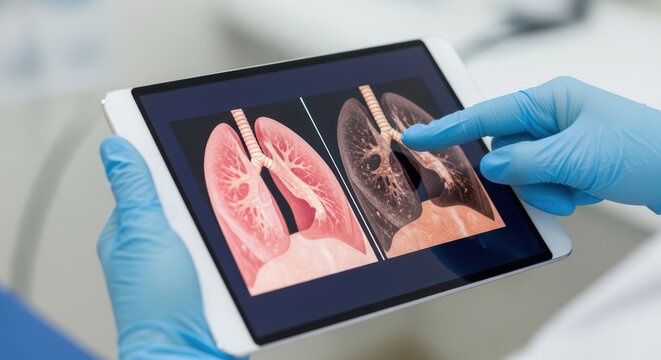Lung disease comparison on tablet shows air pollution related damage with medical glove pointing at unhealthy lung image