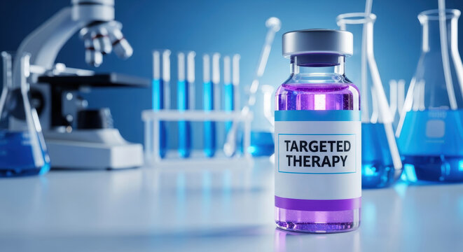 Targeted therapy vial with purple liquid in biotechnology lab setting for medicine and biohacking research with microscope and test tubes