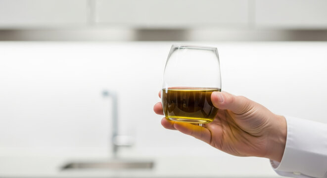Olive oil in glass held by hand promotes cardiovascular health and prevention benefits in clean kitchen setting for wellness