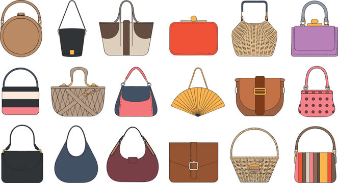 Stylish female handbags and luxury fashion purses vector collection set featuring modern women accessories isolated on white background