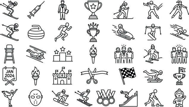 Winter Sports and Olympic Games Icon Set Featuring Skiing, Skating, Medals, Trophies, and Athletic Competition Outline Vector Elements