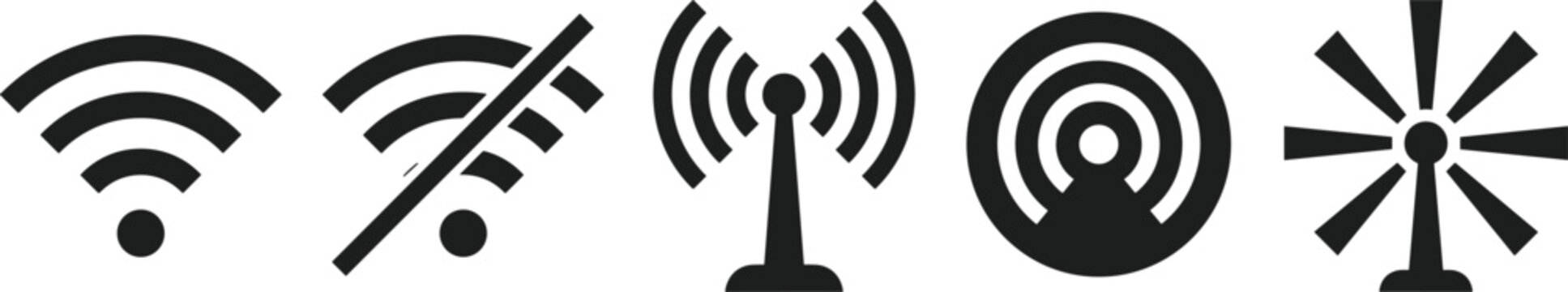 Wireless signal and wifi connection icons set featuring signal tower broadcasting hotspots network transmitter and disconnected offline status symbol