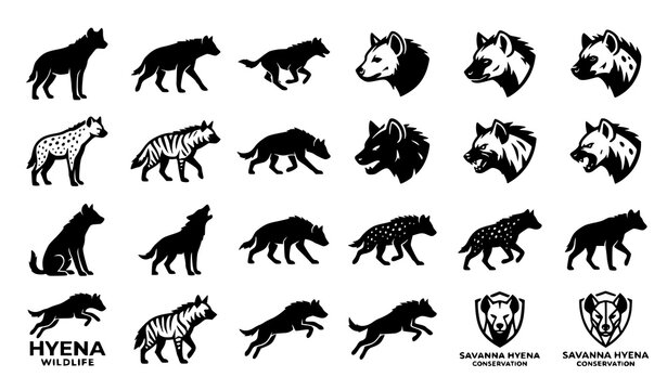 Minimal hyena silhouette collection with African predator logo and wildlife vector icon set