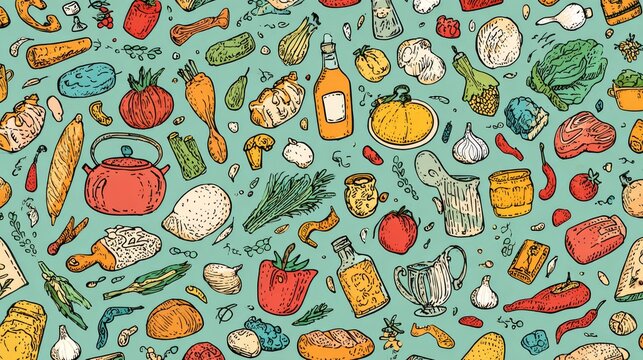 18.Doodle style seamless background of supermarket products and cooking ingredients, playful hand drawn vector illustration for grocery themes