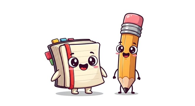 Cartoon notebook and pencil characters standing together