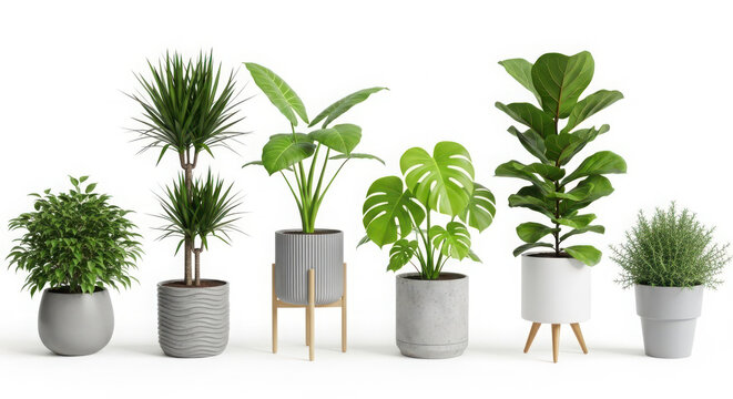 Six different potted plants with green leaves in various pots and planters on a white background for interior design and decoration inspiration