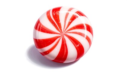 Obraz premium Close-up of a single, hard, round candy with a swirling red and white pattern on a white background, casting a soft shadow