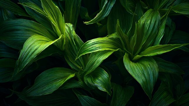 71.Close up of vibrant green leaves against deep dark background, dramatic lighting, rich tones, nature inspired composition