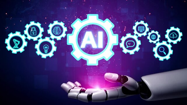 Futuristic Robot Hand Presenting Light with AI Concept Gears in Background Representing Advanced Technology and Innovation in Artificial Intelligence Field. Entropy.