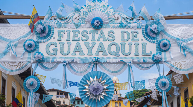 Letrero manual con texto de Fiestas de Guayaquil de colores celeste y escarapelas con la ciudad de fondo