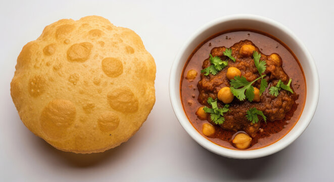 A delightful Indian breakfast or snack featuring a golden fried puri alongside a rich, spicy chickpea chole curry in a clean white bowl.