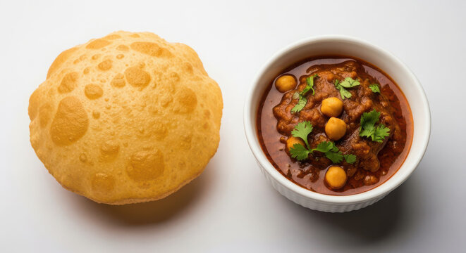 Delicious deep-fried indian bread called poori served alongside a rich and spicy chana masala or chole in a white bowl traditional meal