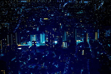 夜の都市を上空から見下ろした美しい夜景。密集する住宅や中高層ビルが青い光に包まれ、静寂で幻想的な大都市の夜の雰囲気を醸し出している。 © BRUCE