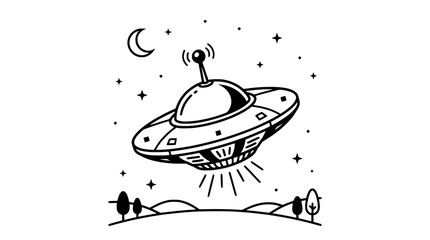 Flying Saucer UFO in Night Sky with Stars and Moon over Rolling Hills © Abdul
