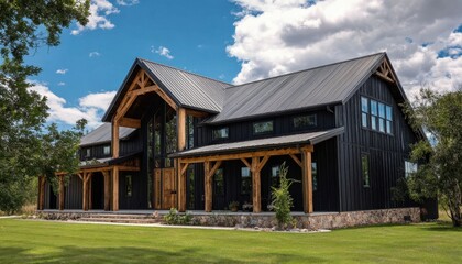 Obraz premium Contemporary barn style house with dark exterior siding and exposed timber frame