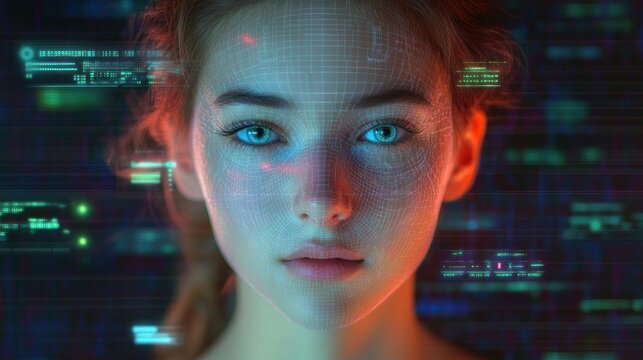 close-up portrait of a young woman with glowing blue eyes, facial recognition mesh and holographic data streams, neon lights and a calm focused expression