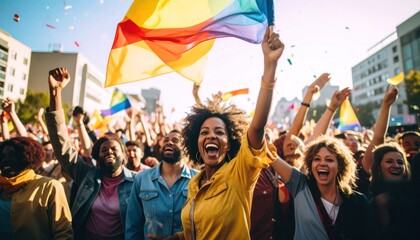 Fototapeta premium Diverse group of people celebrating at a pride parade with rainbow flag.