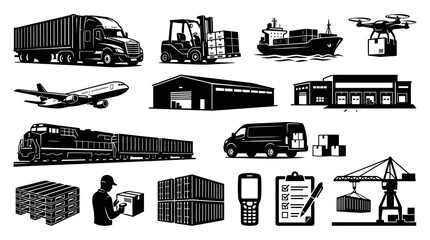 Obraz premium Black White Glyph Logistics Icons: Transportation, Shipping, Warehouse Delivery Vector Set