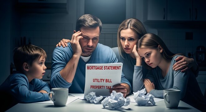 Family worried about mortgage foreclosure looking at utility bill in dark kitchen