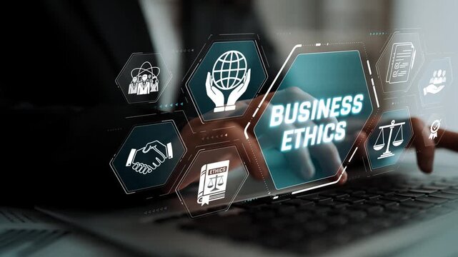 Business Ethics Concept with Modern Digital Interface and Business Icons Representing Accountability, Integrity, and Corporate Responsibility Sigmoid