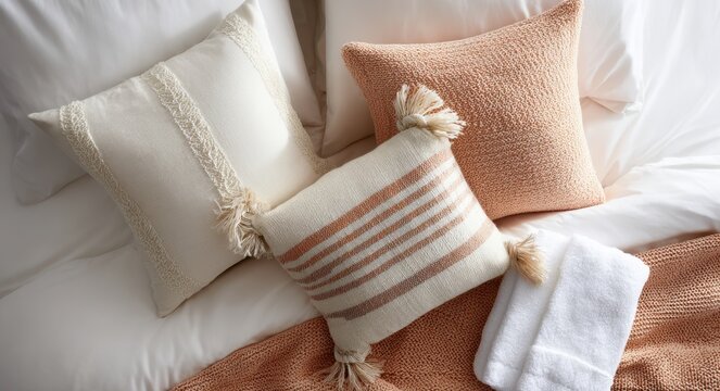 Cozy bedroom pillows on neutral bedding with textured throws and soft lighting