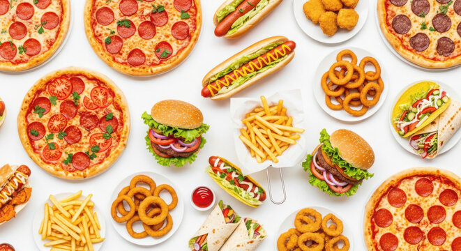 Assorted fast food dishes including pizzas, burgers, hotdogs, fries
