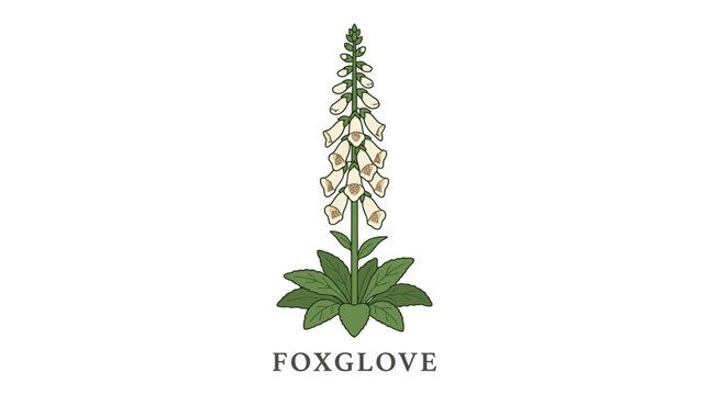 Graceful botanical illustration of a foxglove plant, featuring its signature tall spire of delicate, bell-shaped flowers and verdant basal leaves on a stark white background