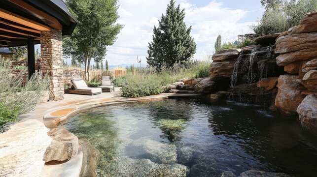Natural rock swimming pool with a stone waterfall features a serene patio area for relaxing outdoors.