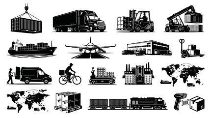 Obraz premium Global Logistics Transportation Black White Vector Icon Set. Shipping, Freight Supply Chain Collection.