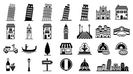 Italian Landmarks Collection: Pisa Tower, Gondola, Scooter, Architecture, Food Icons © nongko