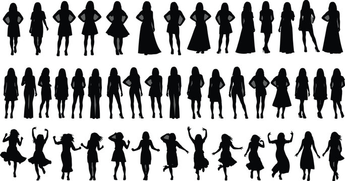 Collection of Female Fashion Silhouettes in Various Poses Including Standing Models in Dresses and Joyful Women Dancing for Graphic Design Illustration and Vector Use