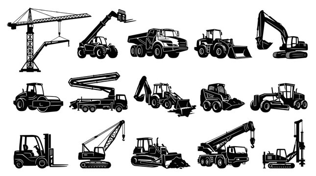 Construction Heavy Equipment Vehicles and Machinery Glyph Icons Set - Black and White Vector Silhouettes