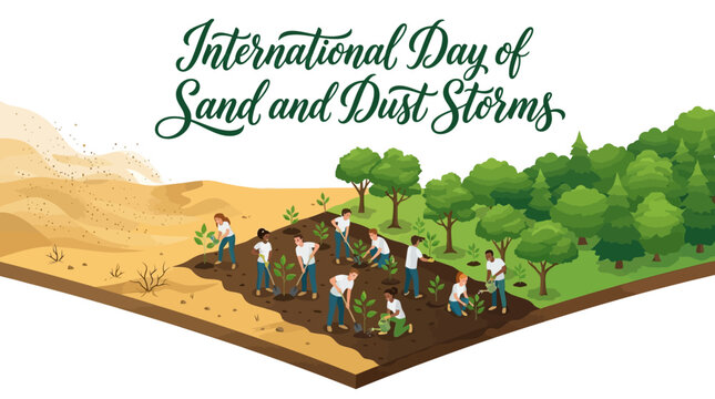 International Day of Combating Sand and Dust Storms: people planting trees to combat desertification and restore