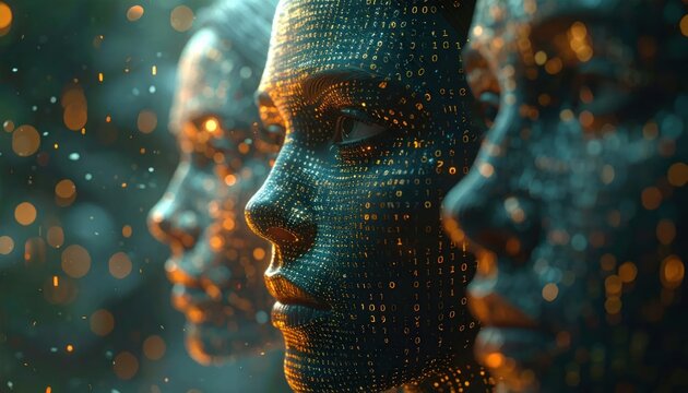 Digital Human Faces Representing Artificial Intelligence and Future Technology.
