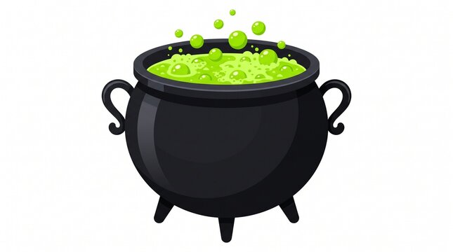 An illustration 2D cartoon style of a black cauldron filled with bubbling green potion, emitting a magical glow.  isolated on solid white background