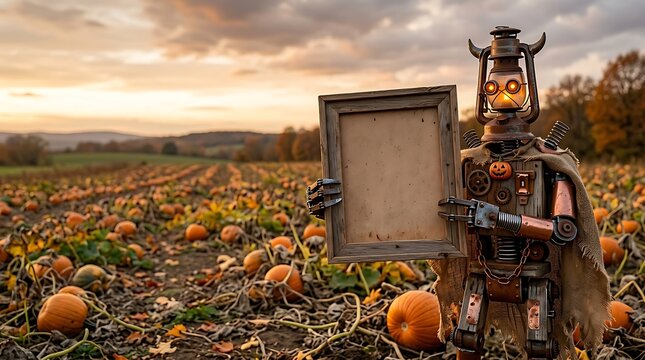 Steampunk robot holding blank wooden frame in autumn pumpkin patch