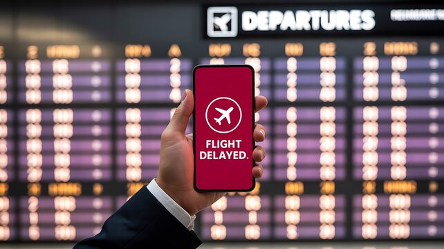 Smartphone displaying flight delayed alert in airport departures terminal for travel disruption