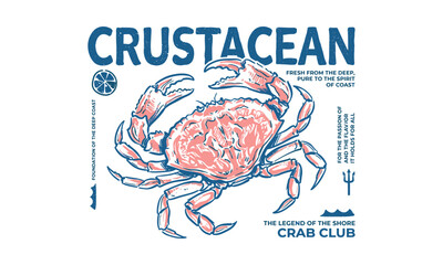 Vintage hand drawn crab illustration with nautical typography for seafood apparel and posters. © Irfan