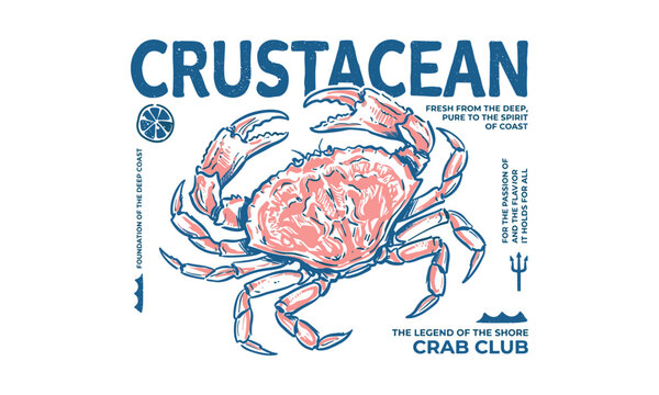 Vintage hand drawn crab illustration with nautical typography for seafood apparel and posters.