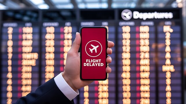 Smartphone displaying flight delayed notification in airport departure terminal